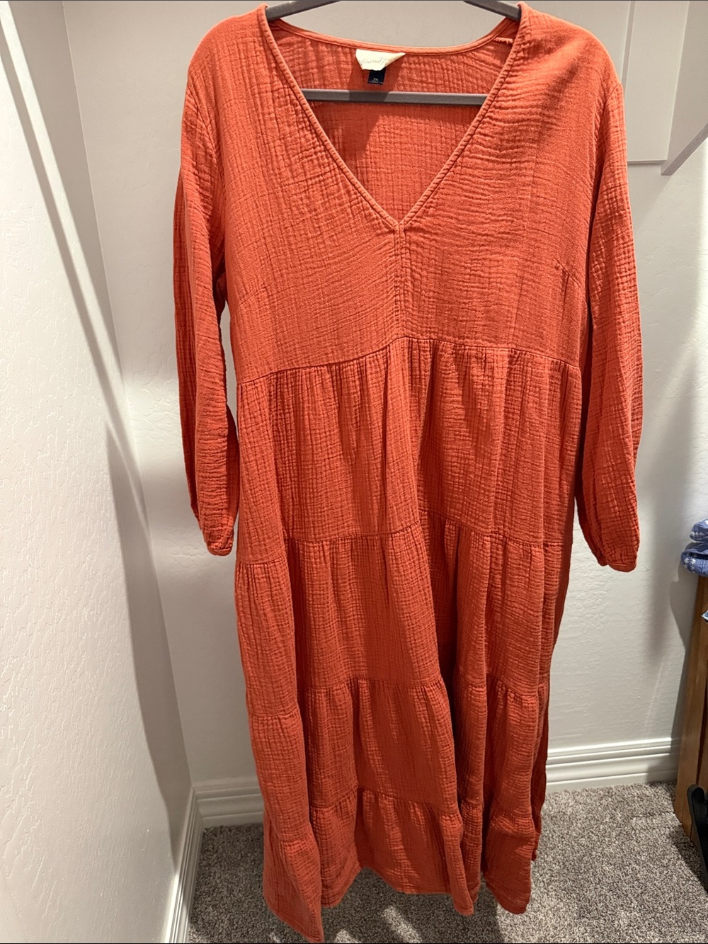Universal Thread Long Tiered V-Neck Dress in Rust Orange